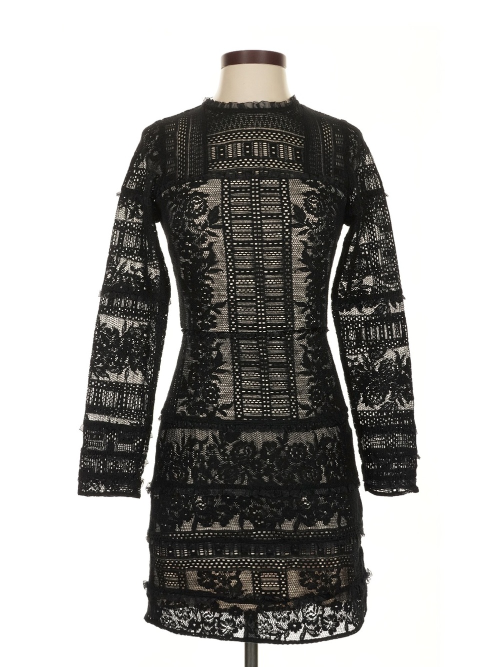 Parker Black Lace Long Sleeve Sheer-Panel Mini Dress